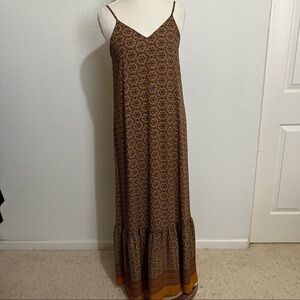 West Kei Brown Floral Indie Boho Maxi Slip Dress Lined Tiered Ruffle Hem Small